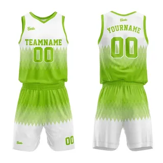 Lime green and white basketball jersey and shorts set with custom team name and number