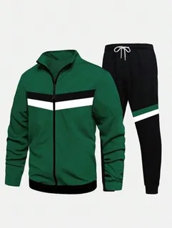 Green and black tracksuit with a white chest stripe and jogger trousers