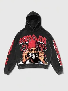Black cropped streetwear hoodie with red bandana character graphic and sleeve artwork