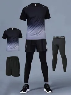 Black and slate performance training set with short-sleeve top, shorts, leggings and running shoes