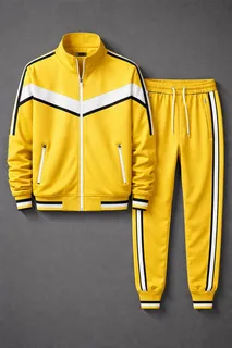 Yellow tracksuit jacket and trousers with white and black stripe details