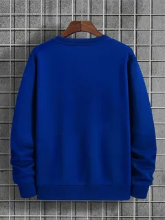 Royal blue crewneck sweatshirt shown from the back on a wooden hanger