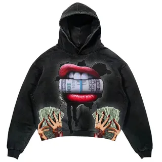Black cropped streetwear hoodie with graphic lips and money artwork