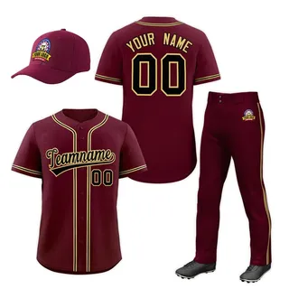 Burgundy baseball jersey and pants with custom name, number, cap and team logo
