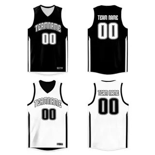 Black and white basketball jersey shown from front and back with custom team name and number