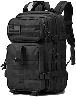 Black tactical sports backpack with modular pockets, webbing and compression straps