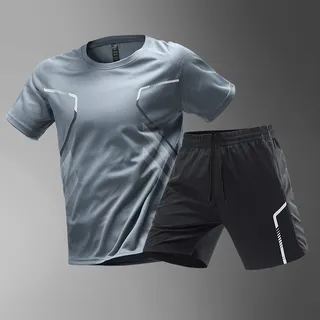 Light gray performance tee and black shorts set with reflective geometric details