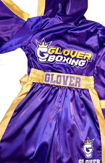 Purple and gold satin boxing set with custom team branding