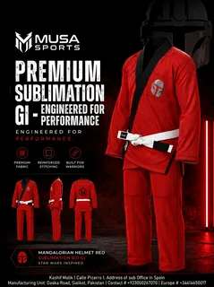 Red sublimation BJJ gi with reinforced stitching, white belt and custom helmet-inspired branding