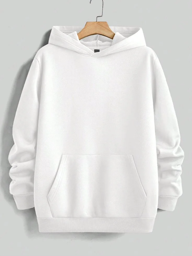 White pullover hoodie with a front kangaroo pocket on a wooden hanger