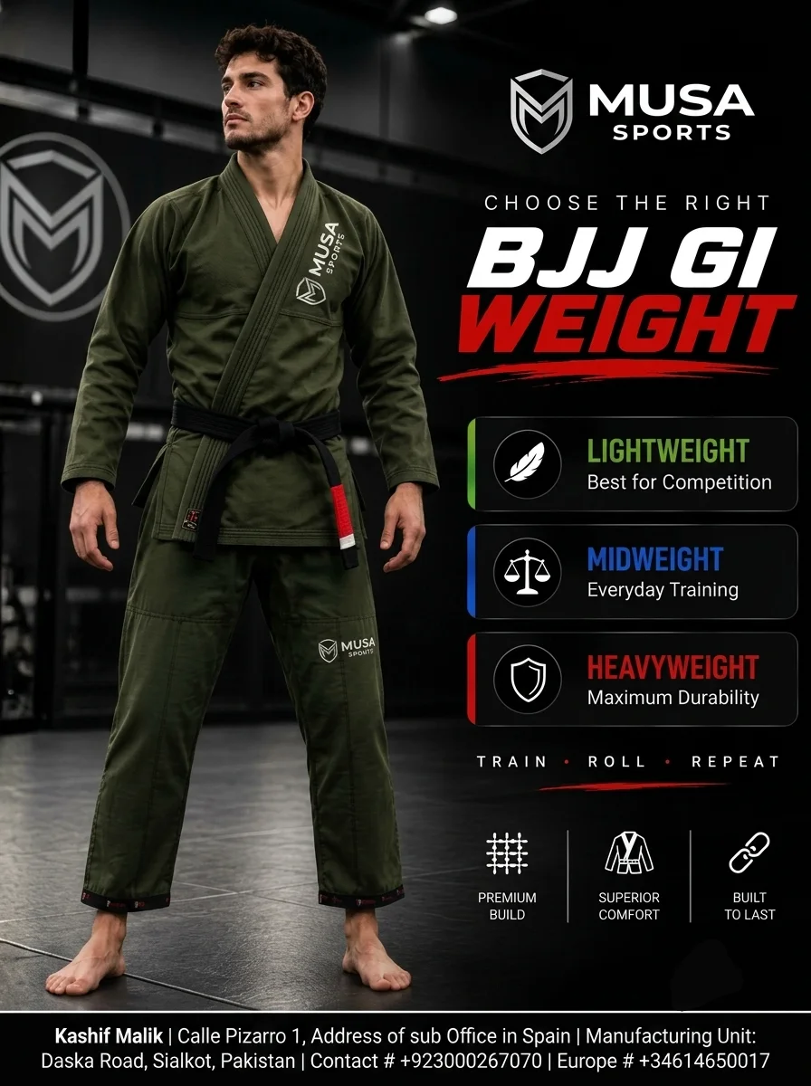 Olive green BJJ gi worn by an athlete beside a lightweight, midweight and heavyweight comparison graphic