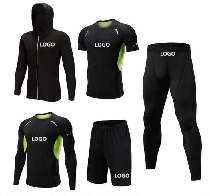 Black performance sportswear collection with hooded layer, training tops, shorts and leggings