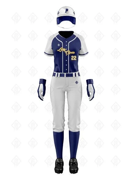 Navy and white baseball uniform with jersey, pants, cap, socks and protective gloves